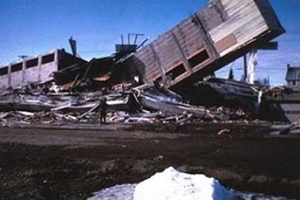 Collapse of the newly completed Four Seasons Apartment Building in Anchorage during the 1964 earthquake